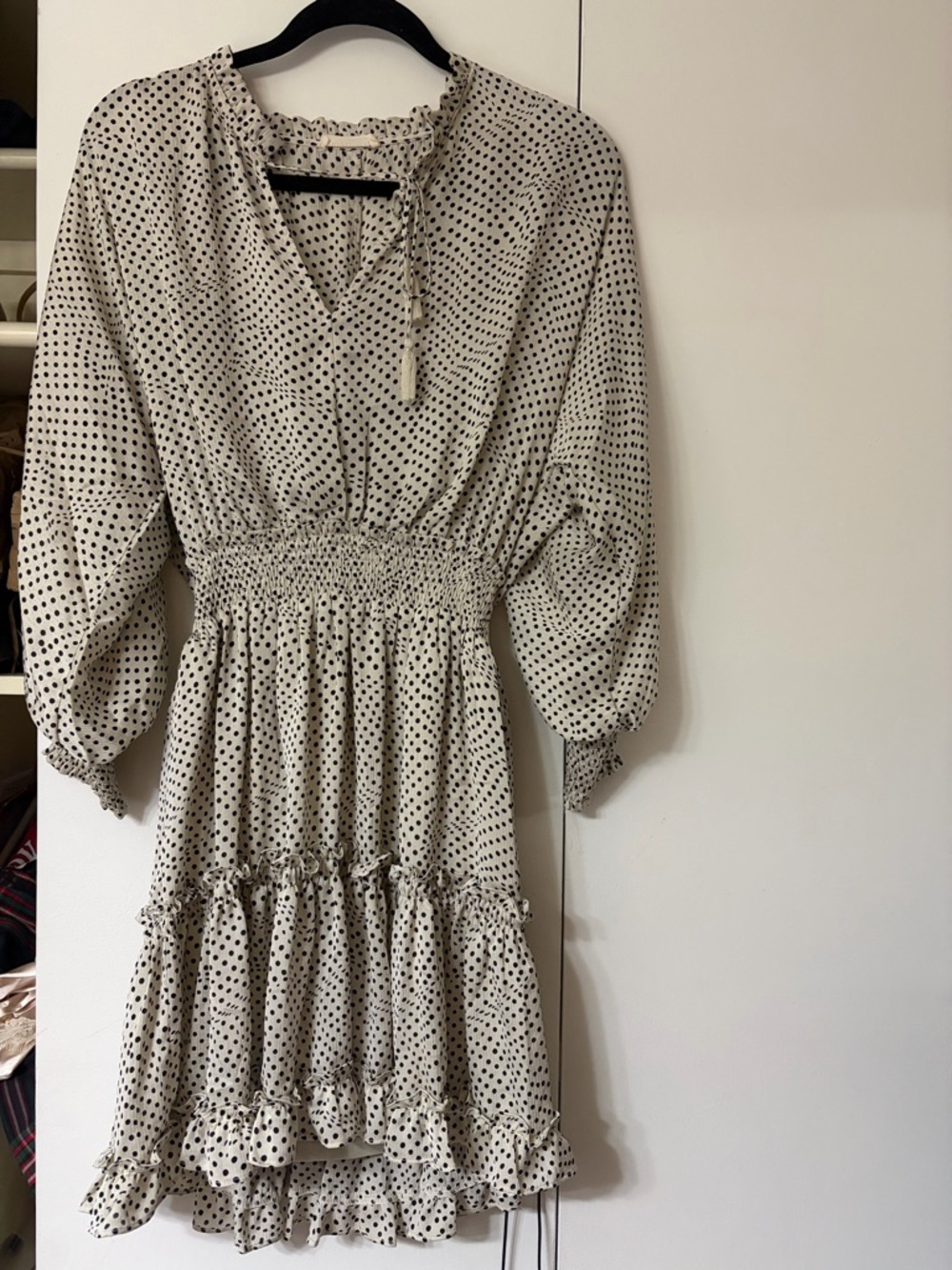 lovestitch Cream Polka Dot Long Sleeve Smocked Mini Dress - Picture 1 of 7